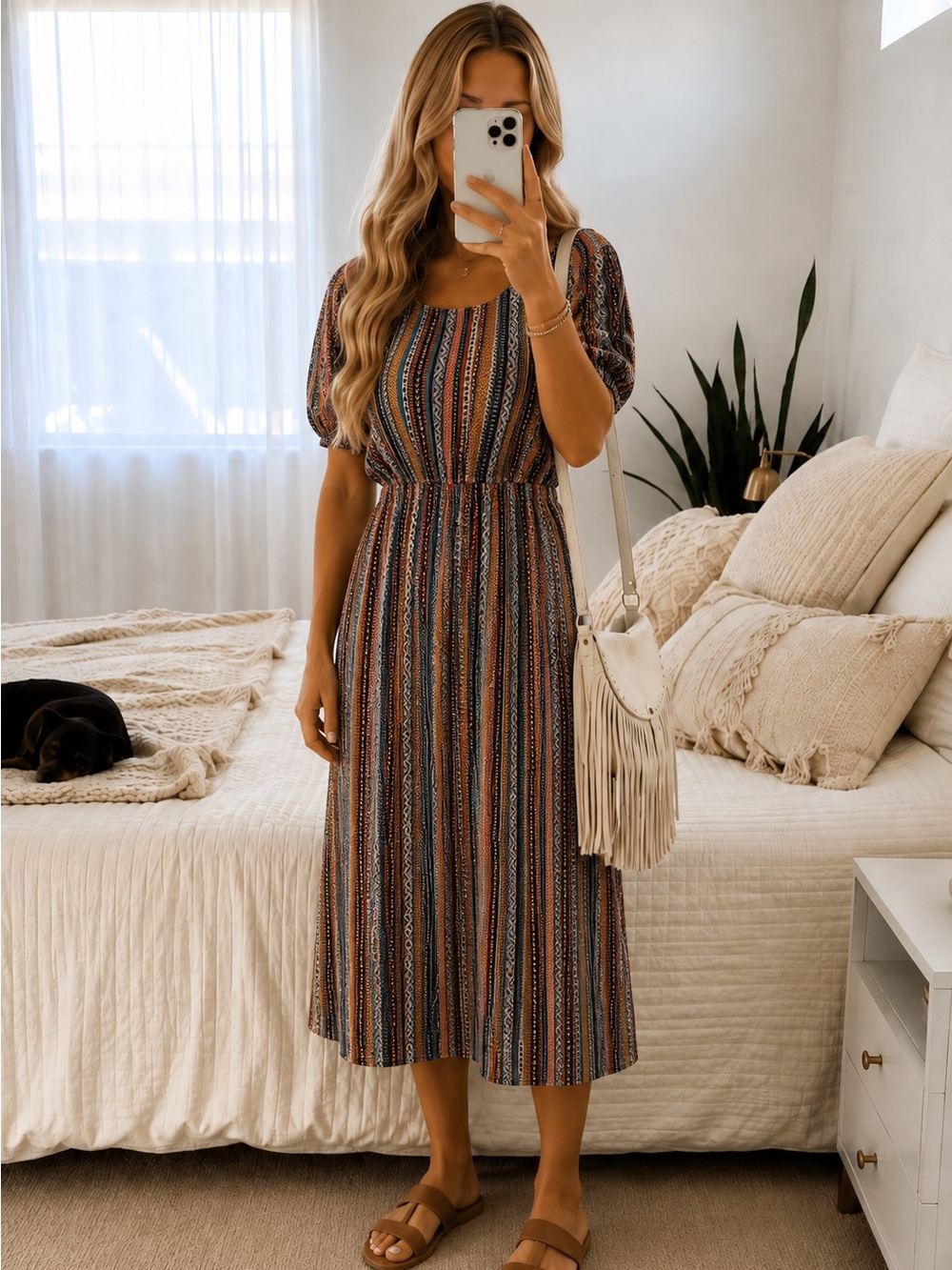 Striped Puff-Sleeve Midi Dress in Brown and Blue